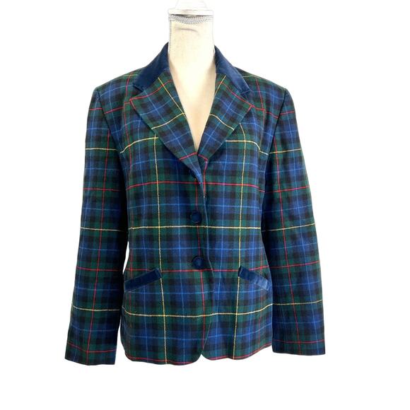 Pendleton Plaid Blazer Tuxedo Style Wool Velvet Trim Blue Jacket Tartan Punk - Picture 1 of 9